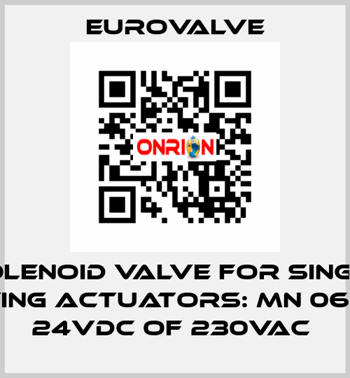 SOLENOID VALVE FOR SINGLE ACTING ACTUATORS: MN 06 310, 24VDC OF 230VAC  Eurovalve