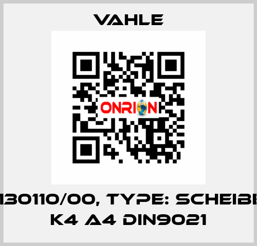 P/n: 0130110/00, Type: SCHEIBE A8,4 K4 A4 DIN9021 Vahle