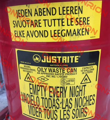 Both labels for OILY WASTE CAN PAT.NO. 1,754,802  Justrite