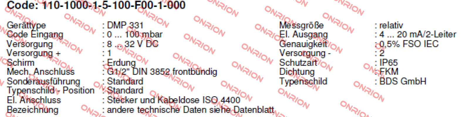 DMP331 Code:110-1000-1-5-100-F00-1-000 Bd Sensors